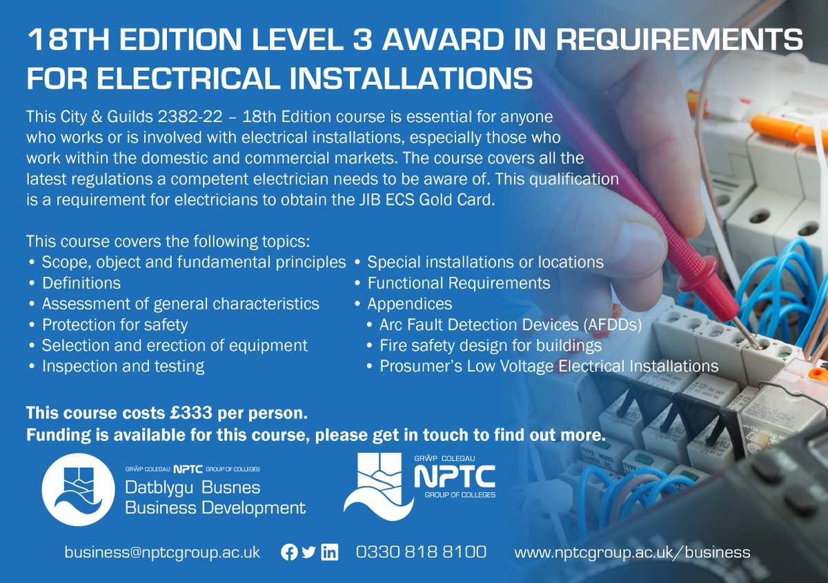 Spaces Available!

We are running a City & Guilds 18th Edition Electrical Wiring Regulations #course on 03/06/2024.  #Funding is available, subject to eligibility!

Find out more: bit.ly/18thEditionNPTC
Funding: bit.ly/Funding-Opport…

#18thEdition #CityandGuilds #Electrical