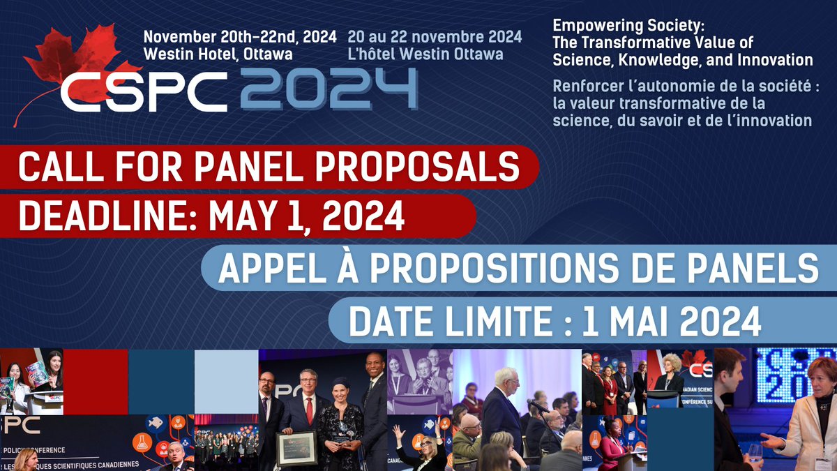 Great news! The deadline to submit a panel proposal for #CSPC2024 has been extended one more week, to May 1, 2024! 📣

Learn more about conference themes and criteria for submission:  
sciencepolicy.ca/conference/csp…

#CdnSci #CdnInnovation