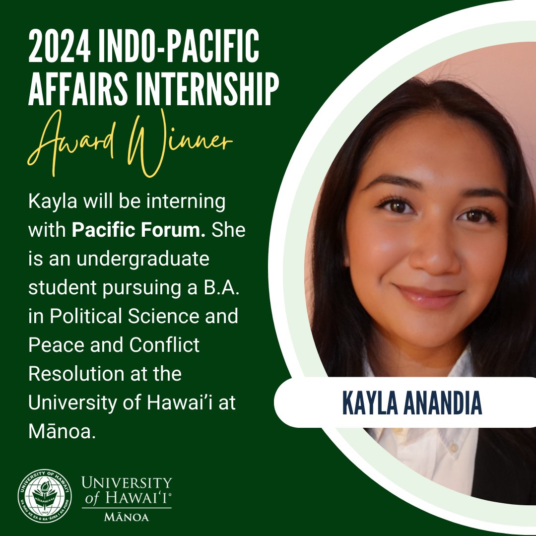 Meet Kayla Anandia, a Political Science and Peace and Conflict Resolution undergrad at UH Mānoa. This summer, she'll join @PacificForum to focus on maritime disputes and Southeast Asian politics, drawing from her thesis on Indonesia’s sovereignty. 🌊📚 #StudentSpotlight