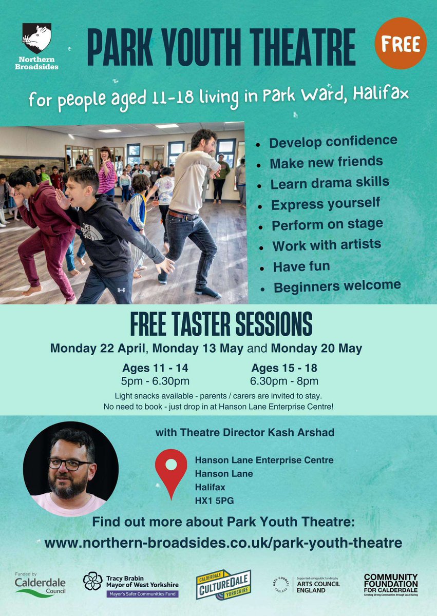 Park Youth Theatre are running free taster sessions at Apna Staying Well HUB. Working with 11-18 years old living in Park Ward to help develop confidence, work with artists and make new friends. Get in touch for more details. #Wellbeing #YoungPeople #Calderdale