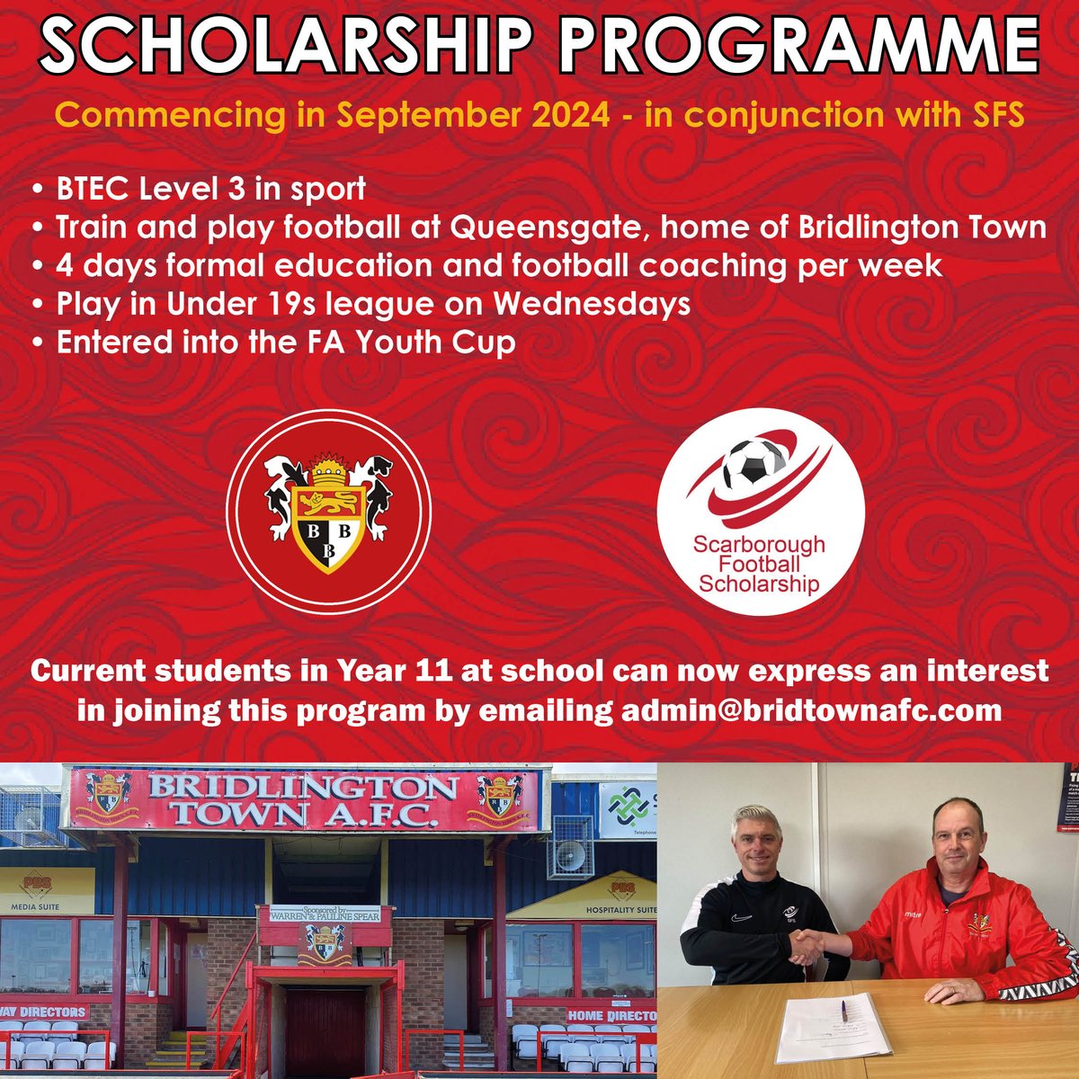 SCHOLARSHIP PROGRAMME We are delighted to be commencing our scholarship programme in September 2024 in conjunction with SFS - a Scarborough based education provider. Full details available here: bridtownafc.com/football-schol… Please email admin@bridtownafc.com to express an interest.