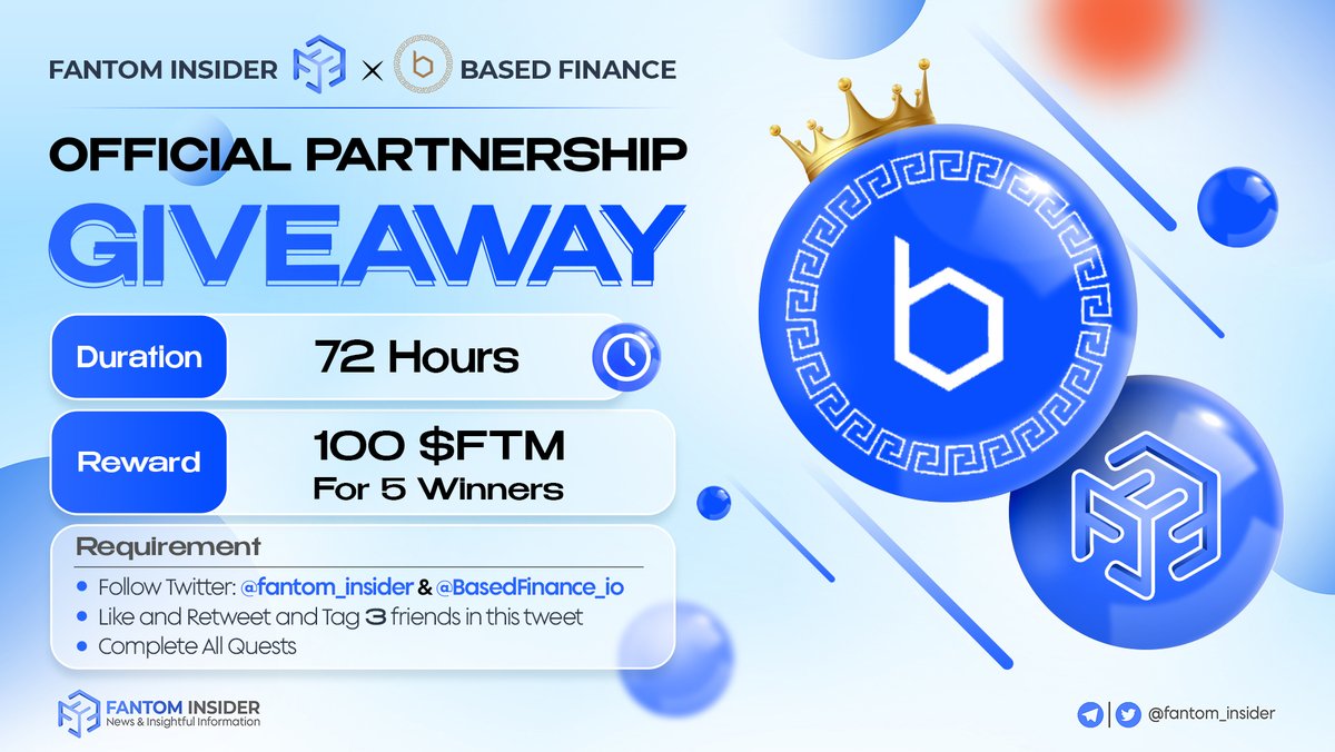 🎉 We are thrilled to host a #HalvingGiveaway with @BasedFinance_io, an algorithmic token pegged to $FTM on the <a href="/FantomFDN/">Fantom Opera</a> ecosystem 🎉

🎁 100 $FTM for 5 winners

Rules:
- Follow @BasedFinance_io &amp; @fantom_insider 
- Like + RT + Tag 3 Friends
- Join: discord.com/invite/RYqacpP…
-
