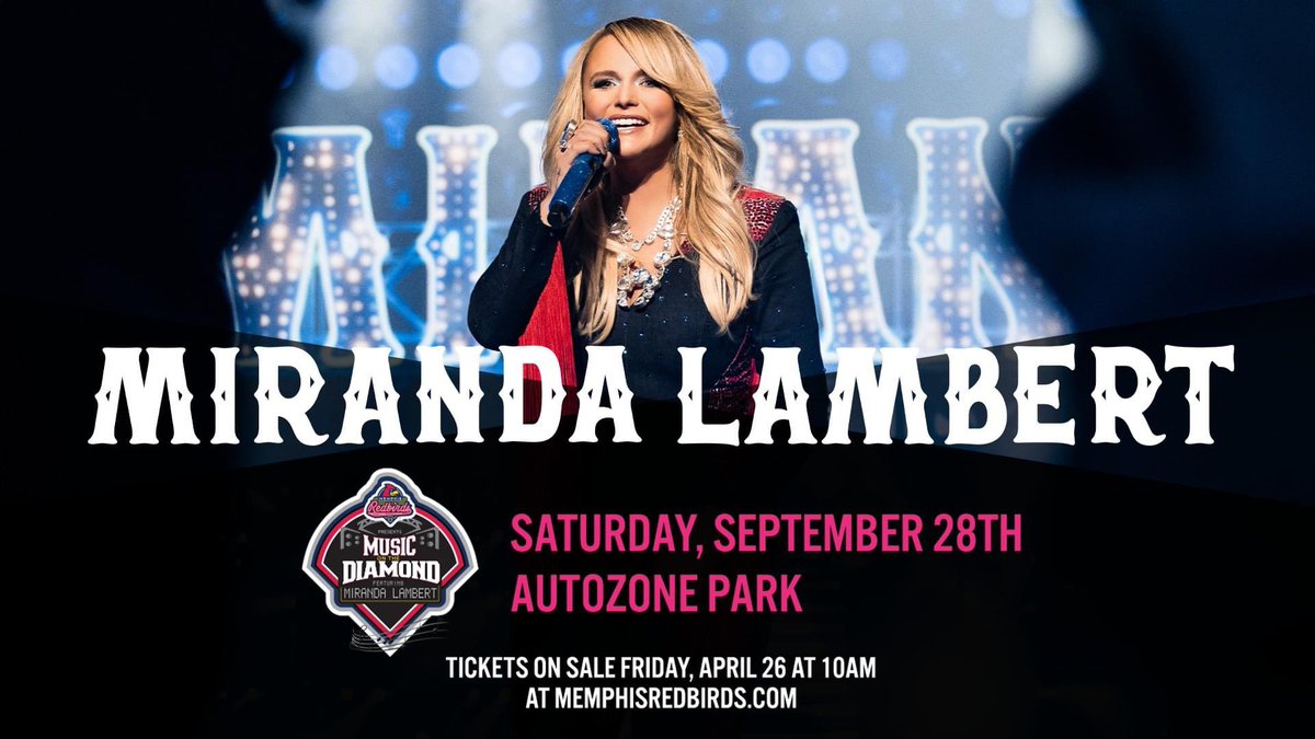 Clear your calendars for September 28 because... MIRANDA LAMBERT IS COMING TO AUTOZONE PARK! 🎉 🎟️: Tickets go on sale to the public THIS Friday, April 26. MORE INFO HERE: atmilb.com/3QcqDlg