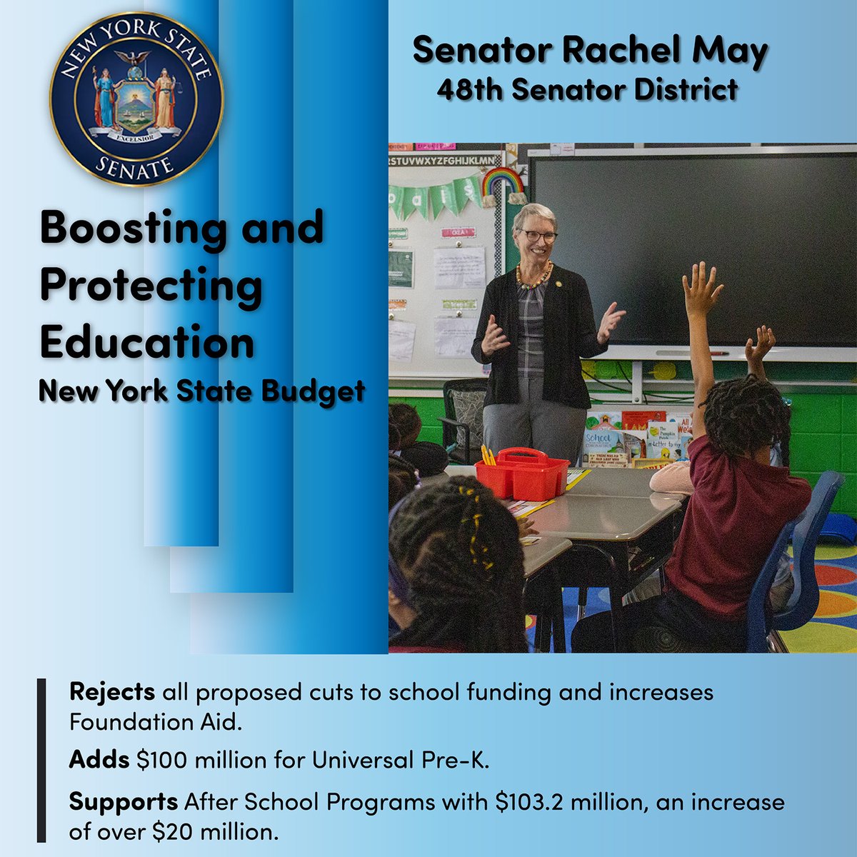 New York State's commitment to fully fund our public schools will positively impact students, teachers, and families across the 48th Senate District. We must continue prioritizing these efforts, as our children's education and future depend on them.