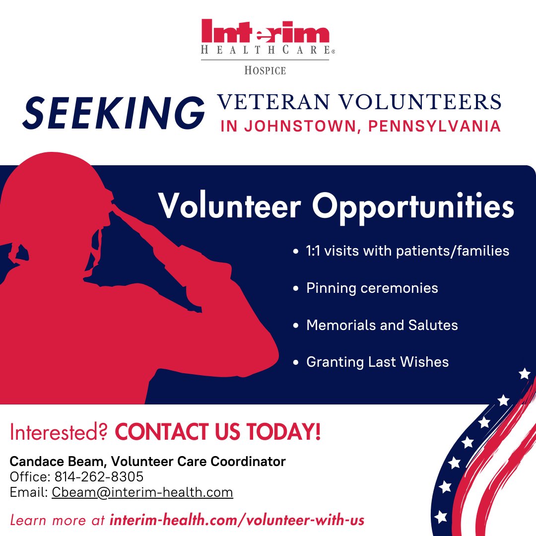 CALLING ALL VETERANS! Your service and experience are invaluable in providing support and comfort to those in need. ❤️ 🇺🇸 To learn more, contact Candace Beam at 814-262-9305 or email cbeam@interim-health.com. 📲 #IHCMakeADifference #VeteranVolunteers #SupportOurTroops