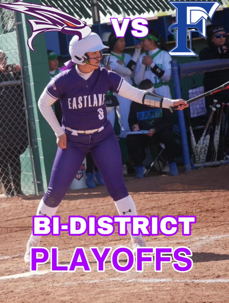 💜Playoff Info🧡 🏆Round 1: Bi-District Eastlake Falcons vs. Frenship 🥎Game 1 📆Friday April 26, 2024 🕕5:00 PM CST 📍Fort Stockton High School 🥎Game 2 📆Saturday April 27, 2024 🕕11:00 AM CST 📍Fort Stockton High School 🥎Game 3 ( if necessary) 📆Saturday April 27, 2024