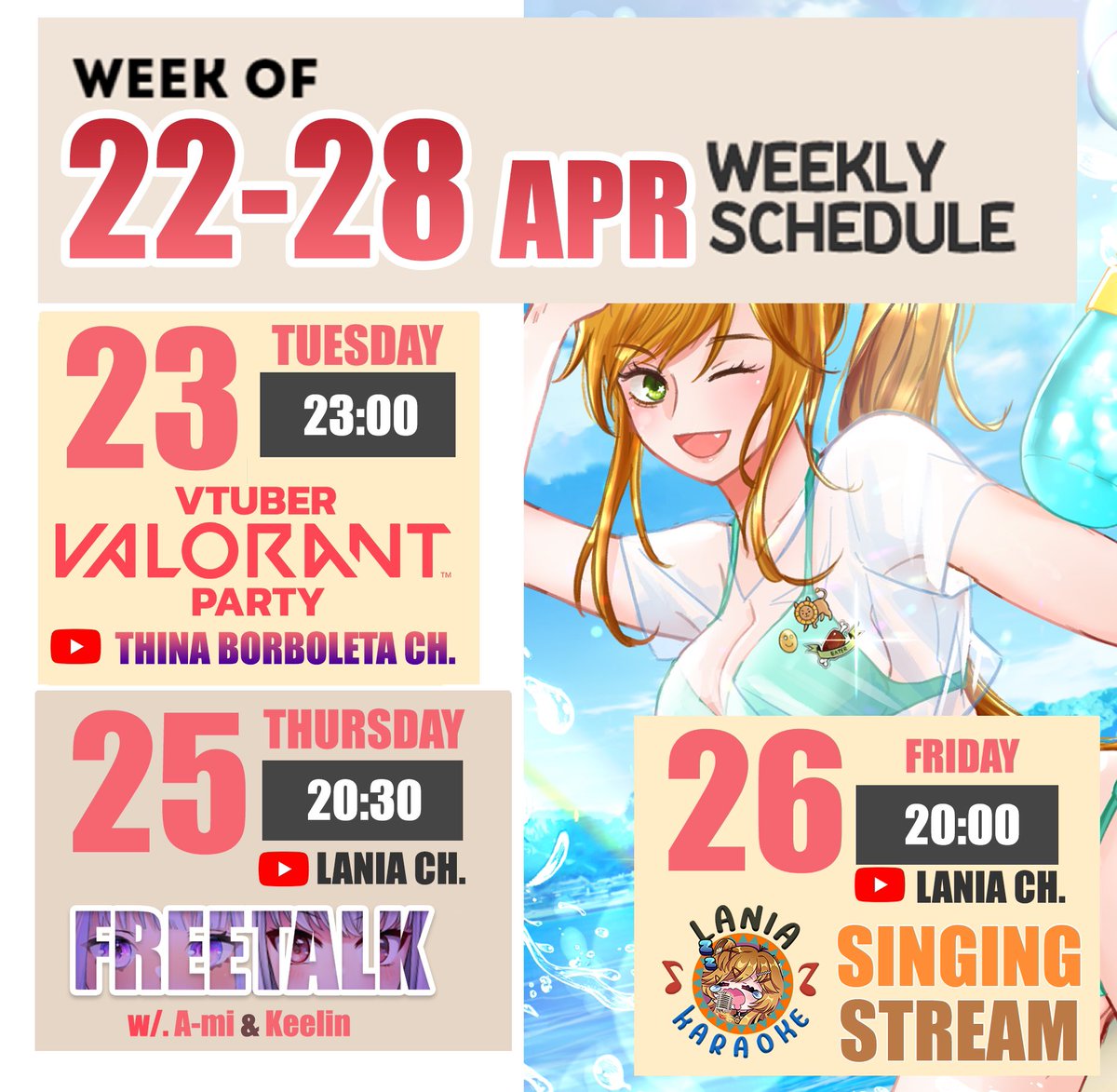 Lania_Ch's tweet photo. 📆LIVE SCHElDULE【Apr 22-28】

23:00 :23 /04 Valorant 👾
20:30 : 25/04 Free Talk w/A-mi, keelin 💜💙
20:00 :26/04 Singing 🎤

YT: https://t.co/s27TfXVBdp 

#LaniaLive #LaniaCh https://t.co/sjkUZbNFT8