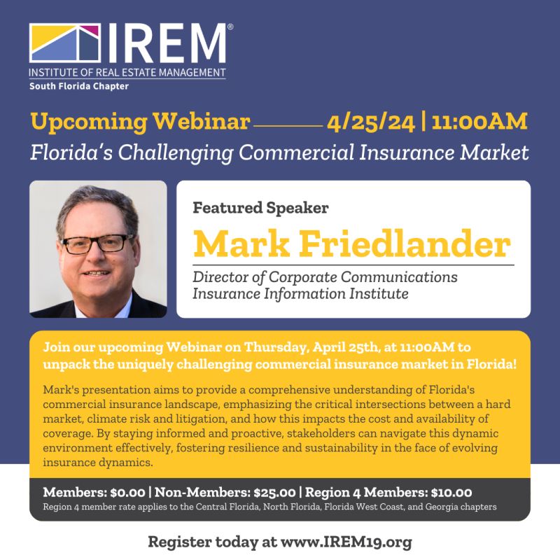 On Thurs., 4/25, @iiiorg industry expert @markfri09 will provide a comprehensive understanding of Florida's uniquely challenging commercial #insurance landscape in a webinar hosted by @IREMSF19. Register today: bit.ly/4aWni1I