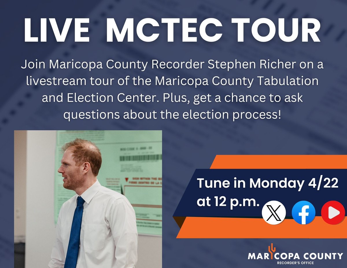 Set a reminder to tune in! ⏰ Maricopa County Recorder @stephen_richer is hosting a livestreamed tour of the Maricopa County Tabulation and Election Center (MCTEC) today at noon. Don't forget to tune in to watch and ask any questions you have about the process!