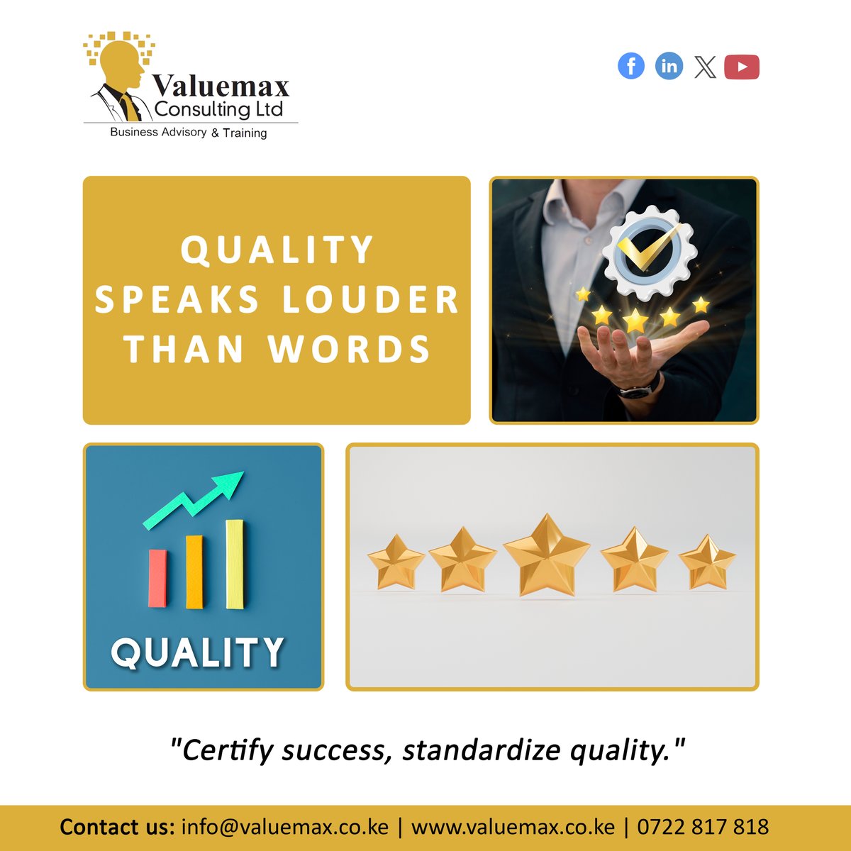 Quality speaks louder than words. Valuemax passionately champions the success of enterprises by providing unwavering support to attain the necessary quality standards.

#Quality #Standards #Valuemax #ISOStandards #Tuesday