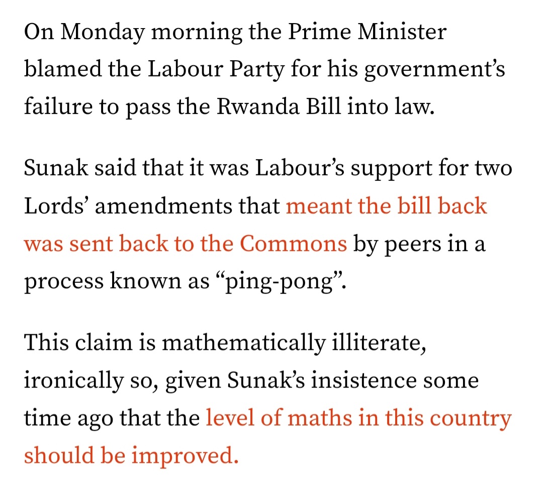 James, Please explain how it is Labour's fault that the PM has failed to persuade The Lords to support his #Rwanda Bill. This article from the excellent @AlfDubs rather suggests the PM isn’t telling the whole truth (and his maths is shonky) inews.co.uk/opinion/dont-b…