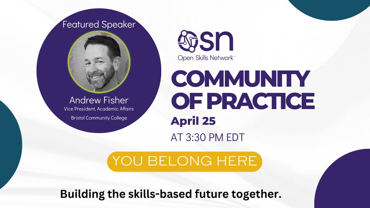 OSkillsNetwork's tweet image. Join us for a convo w Andrew Fisher, VP of Academic Affairs at Bristol Community College, to discuss full scale, skills-based hiring and the LER lifecycle.

👉 RSVP now to join us: openskillsnetwork.org/events

April 25
3:30 PM EDT