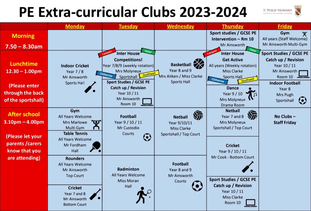 We're pleased to announce our updated PE extra-curricular timetable starting this week #TeamSPH #TogetherOnTheJourney @StPhilipHoward1