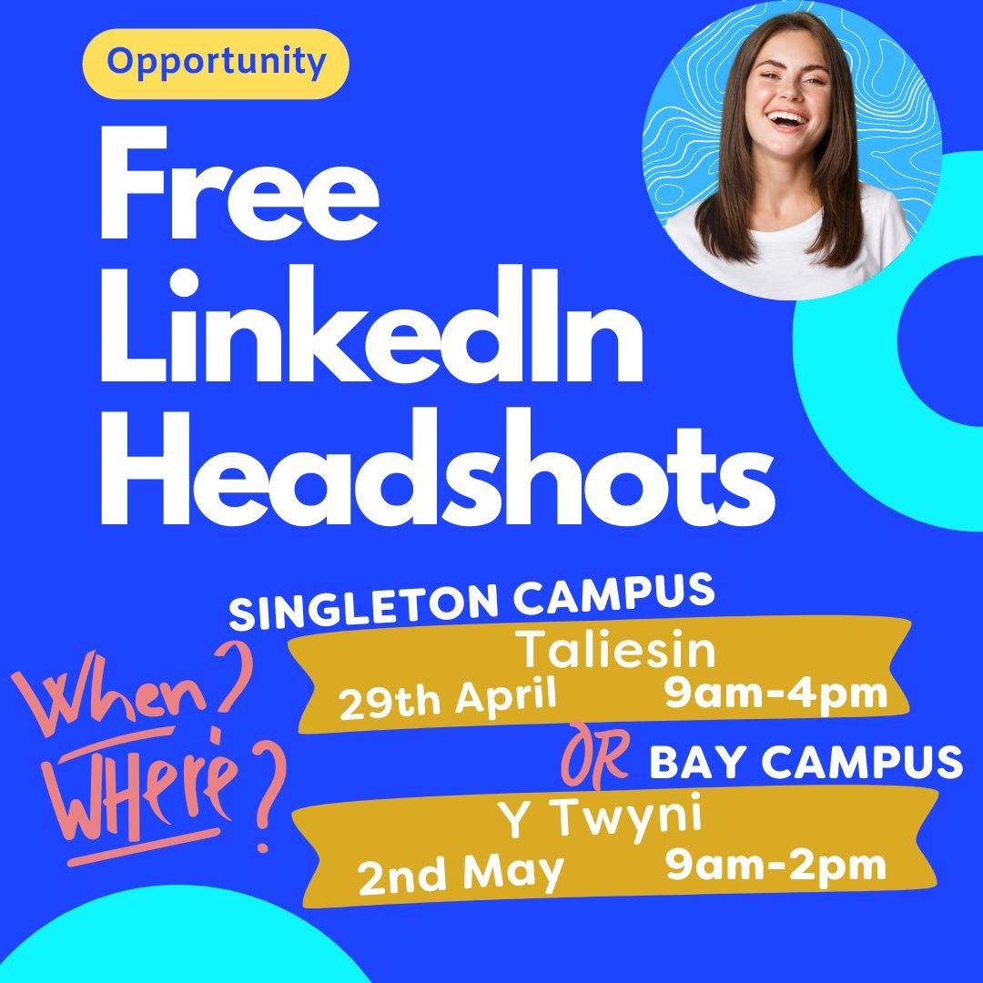 Did you miss out on the last LinkedIn Headshots event? Don't panic! 😧 We have another event lined up for you 🫶 Singleton Campus 📅 29th April 📍 Taliesin 🕛 9am - 4pm Bay Campus 📅 2nd May 📍 Y Twyni 🕛 9am - 2pm See you then!