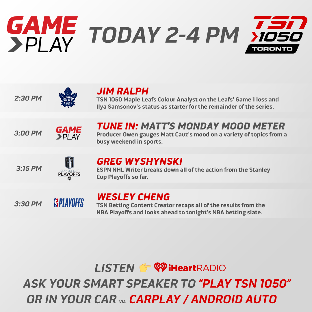 Coming up today on #GamePlay, @mcauz56 will be joined by @Jim_Ralph, @wyshynski and @chengwesley! Listen from 2-4pm on your home speakers, @TSN_Sports App, @iHeartRadioCA App or player.toronto.tsn.ca!