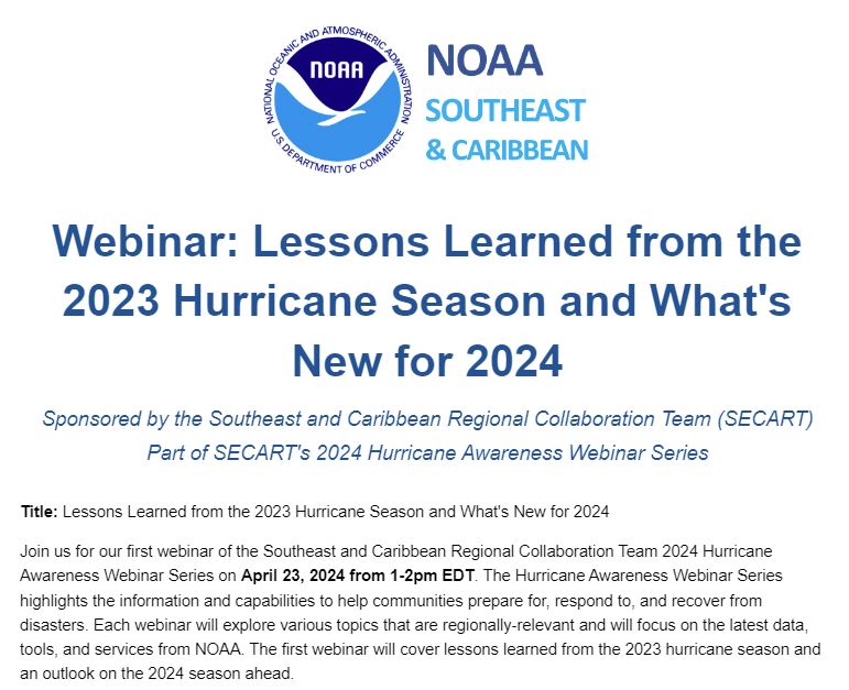 RT @NWSNHC Lessons Learned from the 2023 Hurricane Season and What's New for 2024 Webinar, Apr 23 ow.ly/GEIK50Rkt6w @amsbogm @ouwxschargo @WRNAmbassadors @NWSDirector @WMO @ametsoc @DrRickKnabb @NWAS @99nole @IAEMREGION1 @IAEM @NEMA_WEB @kellymnyc @SKuhrEM @WCraigFugate