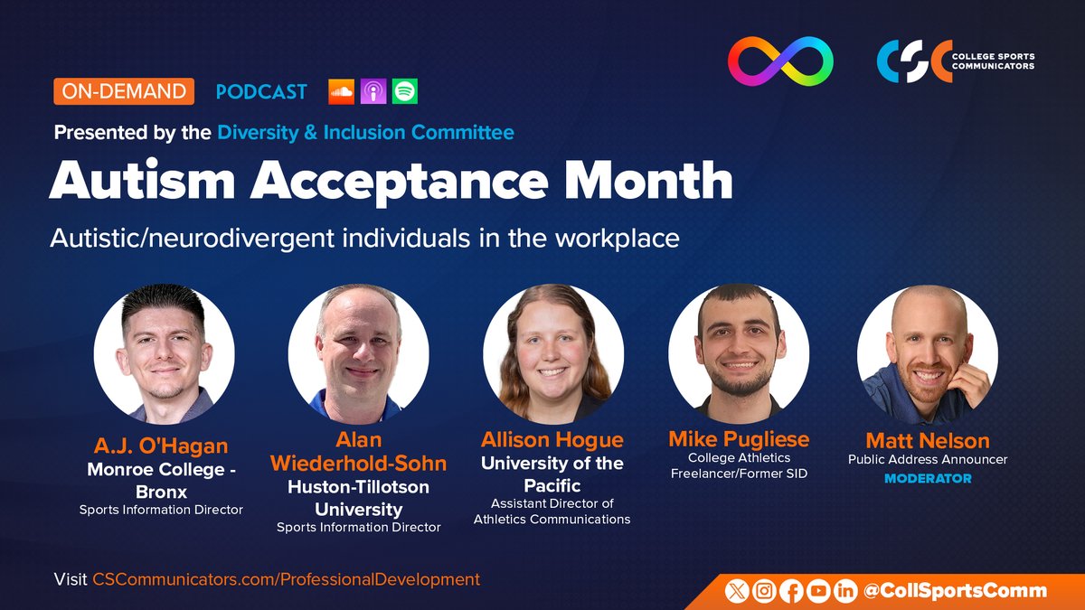 In conjunction with #AutismAcceptanceMonth, @ajohagan104, Alan Wiederhold-Sohn, Mike Pugliese, @allioop3p, and @MattNel23 have come together to discuss what it's like to be autistic/neurodivergent in the collegiate athletic communications workplace. collegesportscommunicators.com/news/2024/4/19…