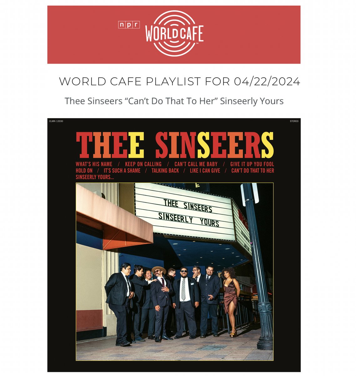 Big props to @NPR's @WorldCafe for yet another spin of @TheeSinseers' fantastic track 'Can't Do That to Her' today! | @ColemineRecords | @nprmusic