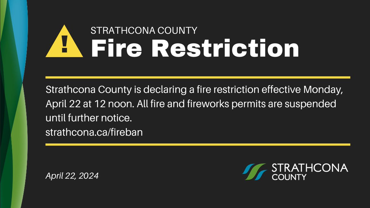 StrathcoCounty's tweet photo. Fire and fireworks permits are suspended. A restriction is a ban on open fires (brush, bonfire), burn barrels &amp; fireworks
Recreation fire pits (with a screen), propane or natural gas fire tables and appliances, and barbecues are allowed
https://t.co/97qk5epkXf #strathco https://t.co/i77QKmMNAj