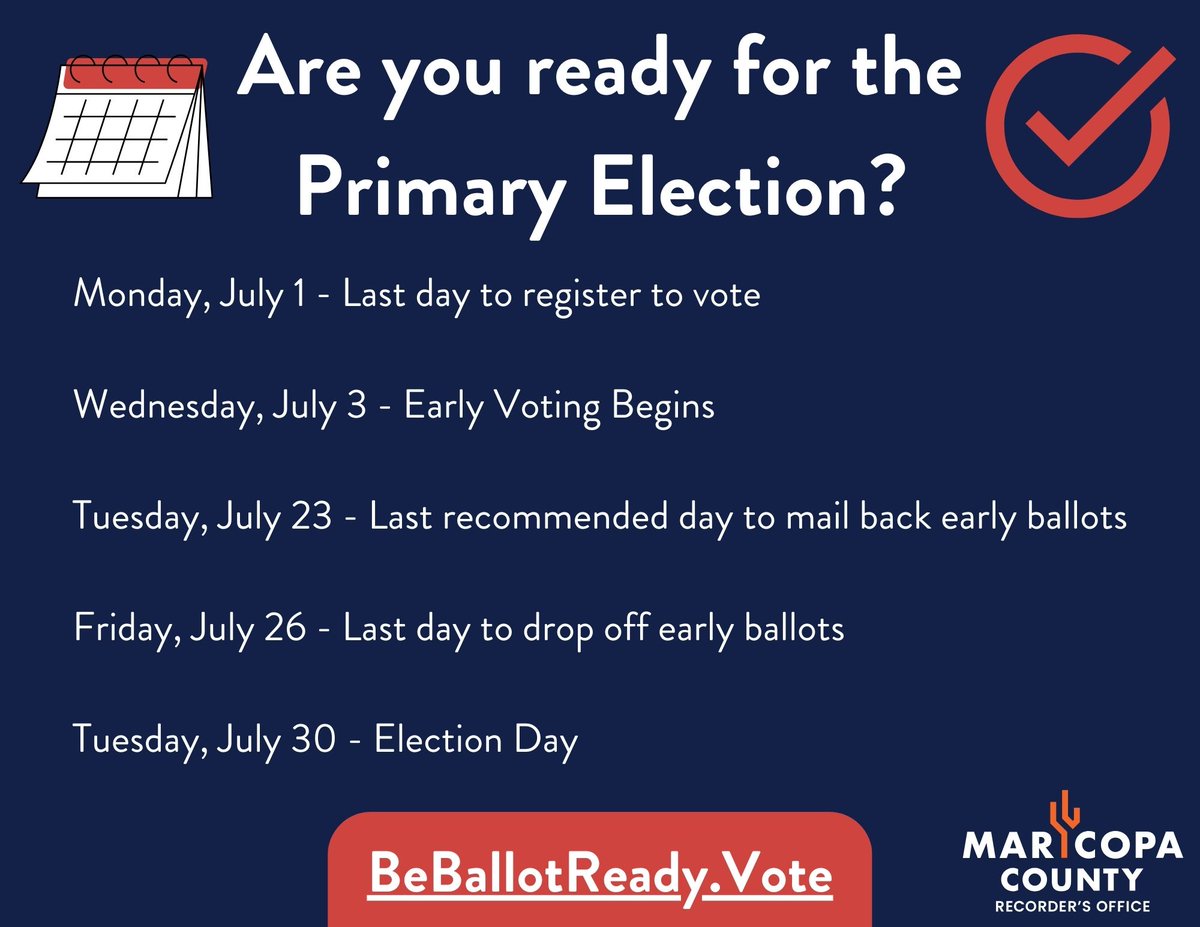 Mark your calendar 📅 It's never too early to start planning for the July 30 primary. 🗳️ You can check your voter registration and more at BeBallotReady.Vote✔️