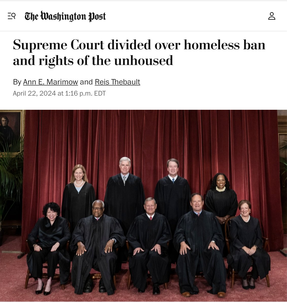 'Supreme Court justices expressed concern about punishing homeless people for sleeping outside when they have nowhere else to go while also struggling w/how to ensure local and state leaders have the flexibility to deal with the growing number of unhoused individuals nationwide.'