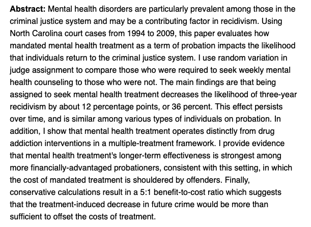 The next ViCE seminar is this Thursday, April 25, at 1pm ET. Rachel Nesbit will present: 'The Role of Mandated Mental Health Treatment in the Criminal Justice System' More info: jenniferdoleac.com/vice-seminar/