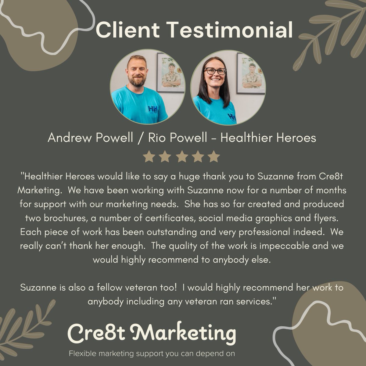 Who doesn’t love a 5-star start to the week? 

Healthier Heroes, led by Andrew, Rio, and the team, are doing a superb job in our local community and provide an outstanding service and support to help people rebuild lives.

#MarketingWithTheMilitary #Cre8tMarketing