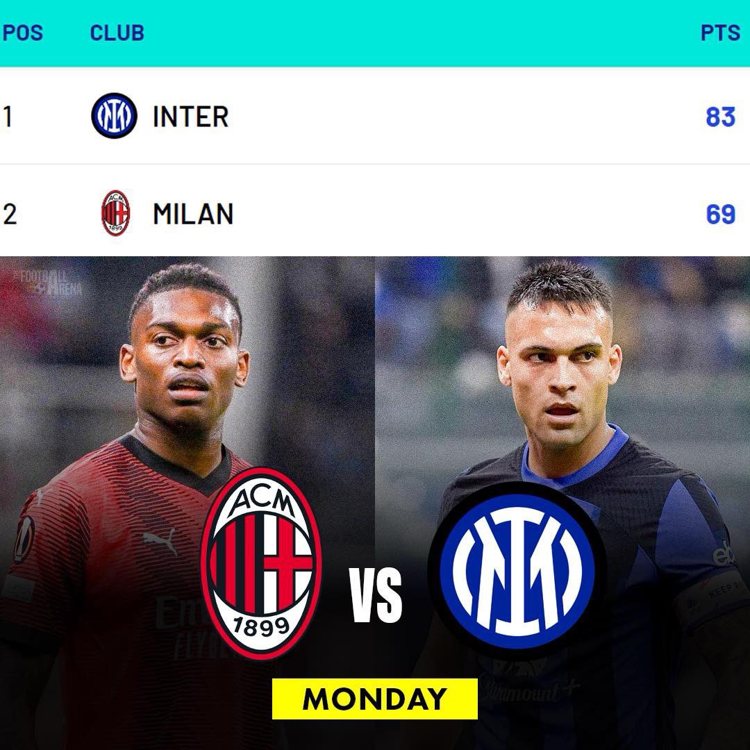🇮🇹🏆| Inter Milan will be crowned Seria A Champions if they win against AC Milan in the Milan derby tonight.