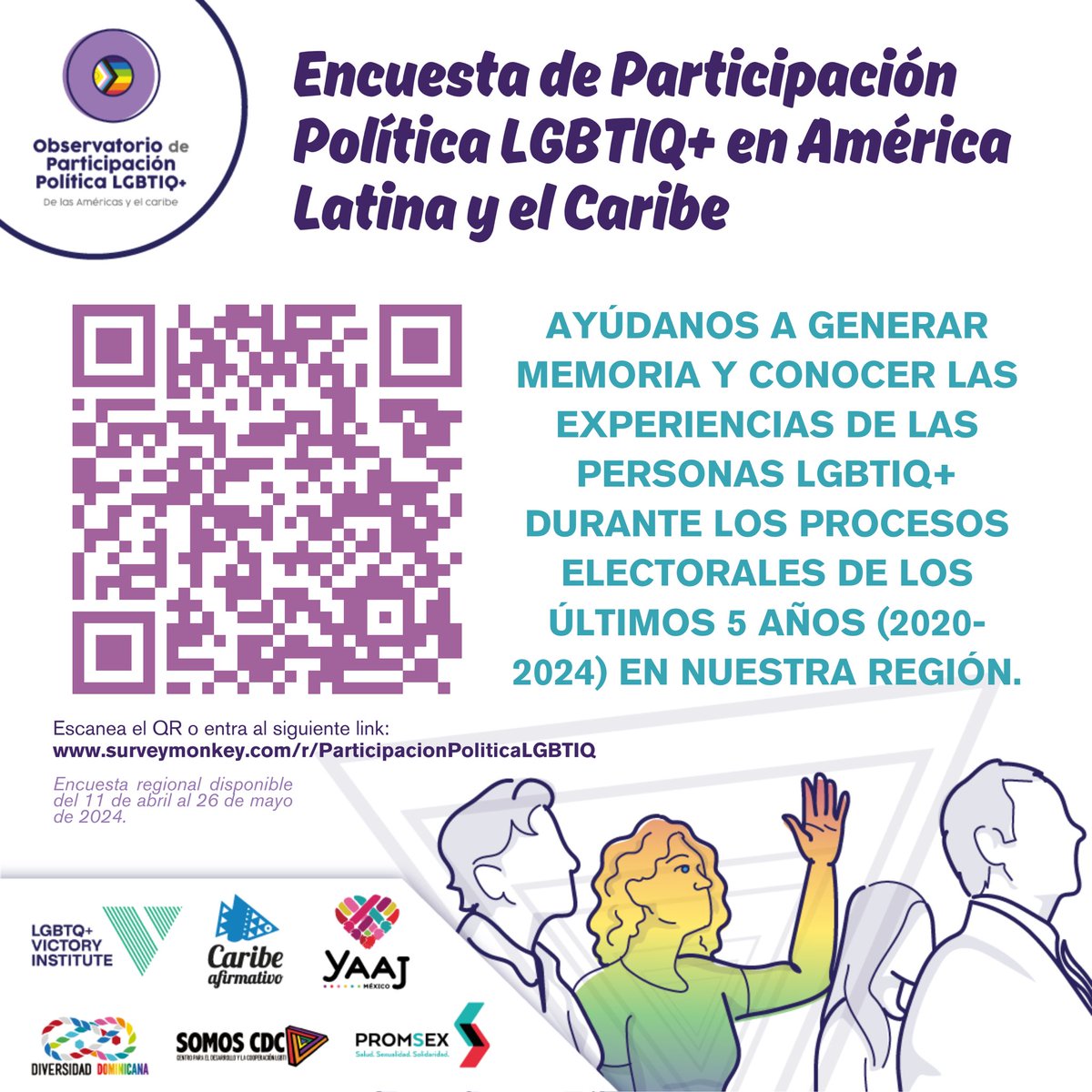 LiderazgosLGBT's tweet photo. 📣¿Listxs para crear memoria? En muchos países de América Latina y el Caribe, la participación política de #LiderazgosLGBTI+ es cada vez más visible y poderosa, al igual que la exigencia del pleno ejercicio de nuestros derechos político-electorales como comunidad.

🗳️Documentar nuestras experiencias como personas  🏳️‍⚧️🏳️‍🌈 durante procesos electorales es fundamental para impulsar el cambio. SÚMATE Y CONTESTA ESTA ENCUESTA https://t.co/PcoSobGefw

📍Una iniciativa desarrollada por el Observatorio de Participación Política LGBTIQ+ de las Américas y del Caribe @LiderazgosLGBT, integrado por el Consorcio de integrado por: @Caribeafirmativ, @VictoryInst, @YaajMexico, @DiversidaDom, @somoscdc_hn & @promsex.

#LGBTleaders #LGBTpoliticians #LGBTparticipation #LGBTQelectedofficials