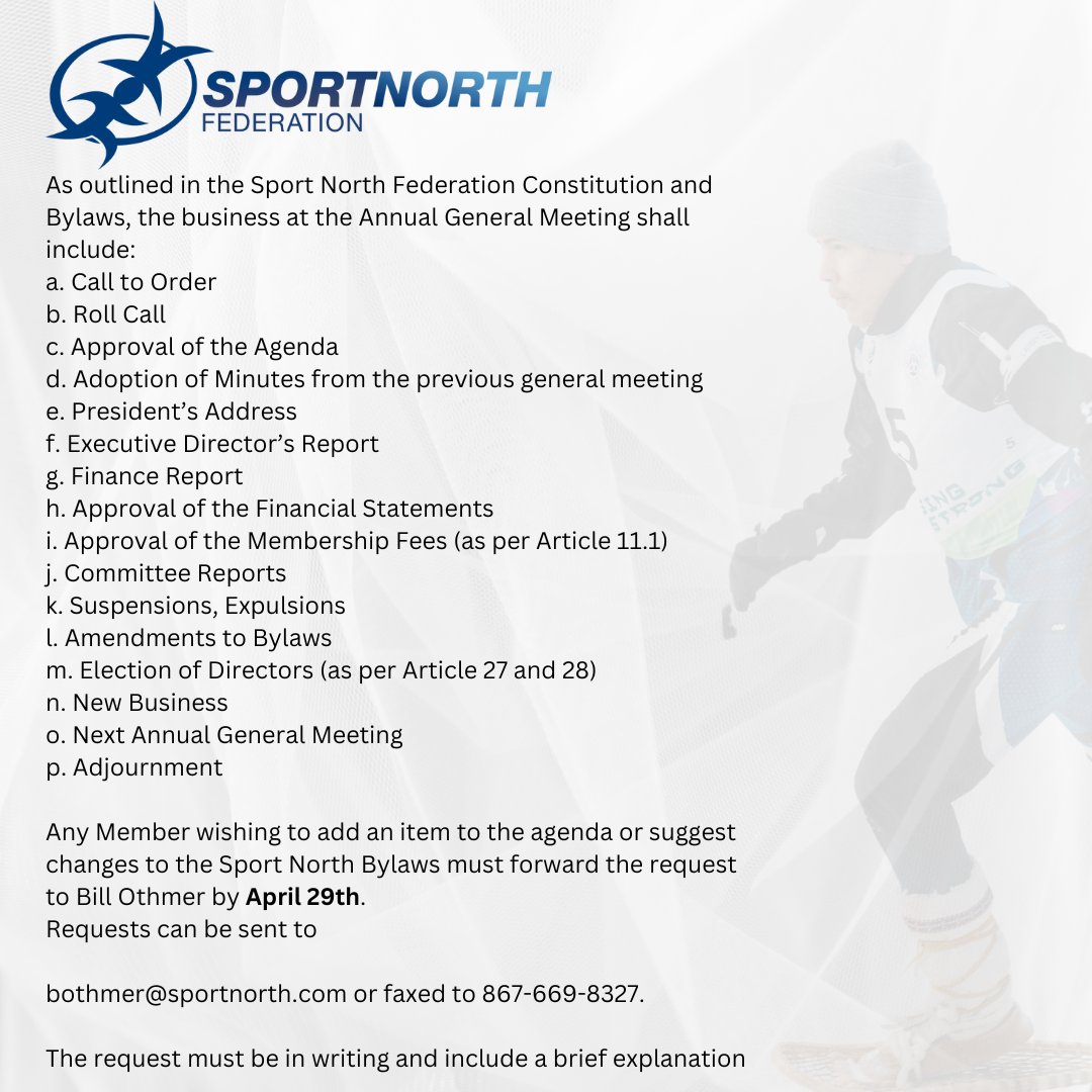 Sport North would like to announce that we will be hosting our AGM on May 24-25th 2024 at the Chateau Nova Hotel.