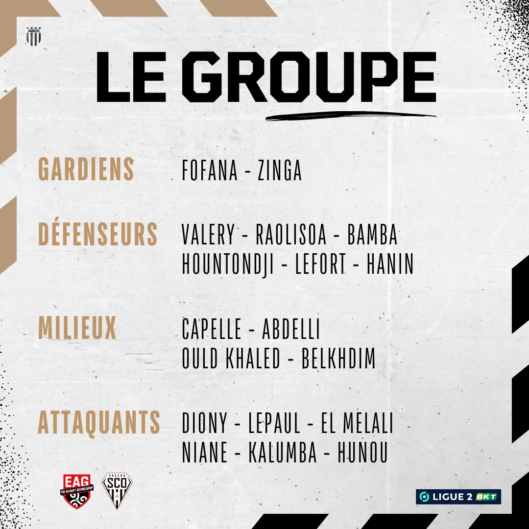 IncroyableSCO's tweet photo. ๐ - Un groupe de 18 joueurs pour Angers SCO ๐ Guingamp ๐ demain soir (20h45) !
โ๏ธ Pas de changement par rapport ร #SCOESTAC
๐จ Camara, Ferhat, Lopy (blessรฉs)
โถ๏ธ Courcoul, Gaya, Nadje, Chรฉrif (choix)
#EAGSCO โซ๏ธโช๏ธ https://t.co/rjYf0m1Idq