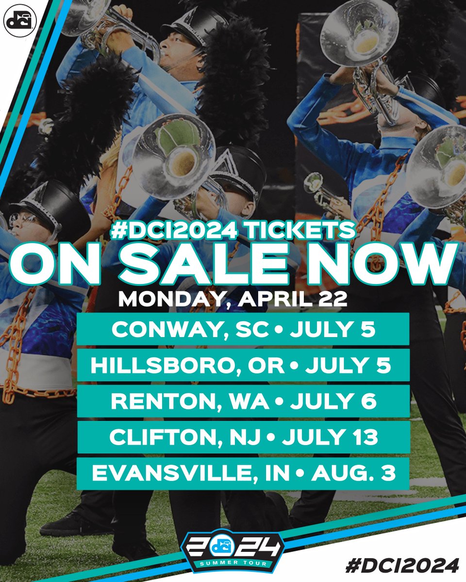 ON SALE NOW: Tickets to the following five events, including two in the Pacific Northwest!! Pick out your seats today 👏 1️⃣ dci.fan/24Conway 2️⃣ dci.fan/24Hillsboro 3️⃣ dci.fan/24Renton 4️⃣ dci.fan/24Clifton 5️⃣ dci.fan/24Evansville #DCI2024