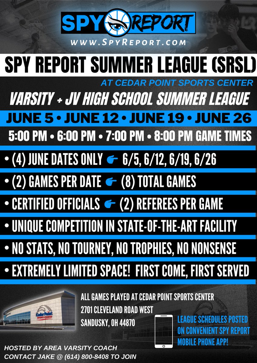 2024 Spy Report Summer League (SRSL) is back for 2nd season! Boys Varsity/JV teams get 2 games on Wed nights at @CPSportsCenter. Early commits: @BHSRedmenBBK @PolarBearHoops @SailorHoops @s_streakball @PerkinsBasketb1 @OHRocketsBBall @PCBoysBBall_ @NHSTruckers @basketball_ross