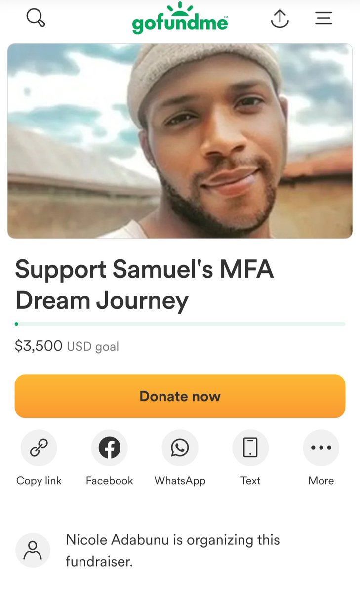 Samuel Samba (@samuelsamba10) on Twitter photo I am stunned beyond words to finally share that I got admitted into the University of Virginia(UVA), UNLV & Chapman University to pursue an MFA in Creative Writing. So grateful to <a href="/NotNowNicole/">thee knife in tory lanez</a> who agreed to run a GoFundMe campaign for this cause.
Link: gofundme.com/f/support-samu… I am stunned beyond words to finally share that I got admitted into the University of Virginia(UVA), UNLV & Chapman University to pursue an MFA in Creative Writing. So grateful to <a href="/NotNowNicole/">thee knife in tory lanez</a> who agreed to run a GoFundMe campaign for this cause.
Link: gofundme.com/f/support-samu…