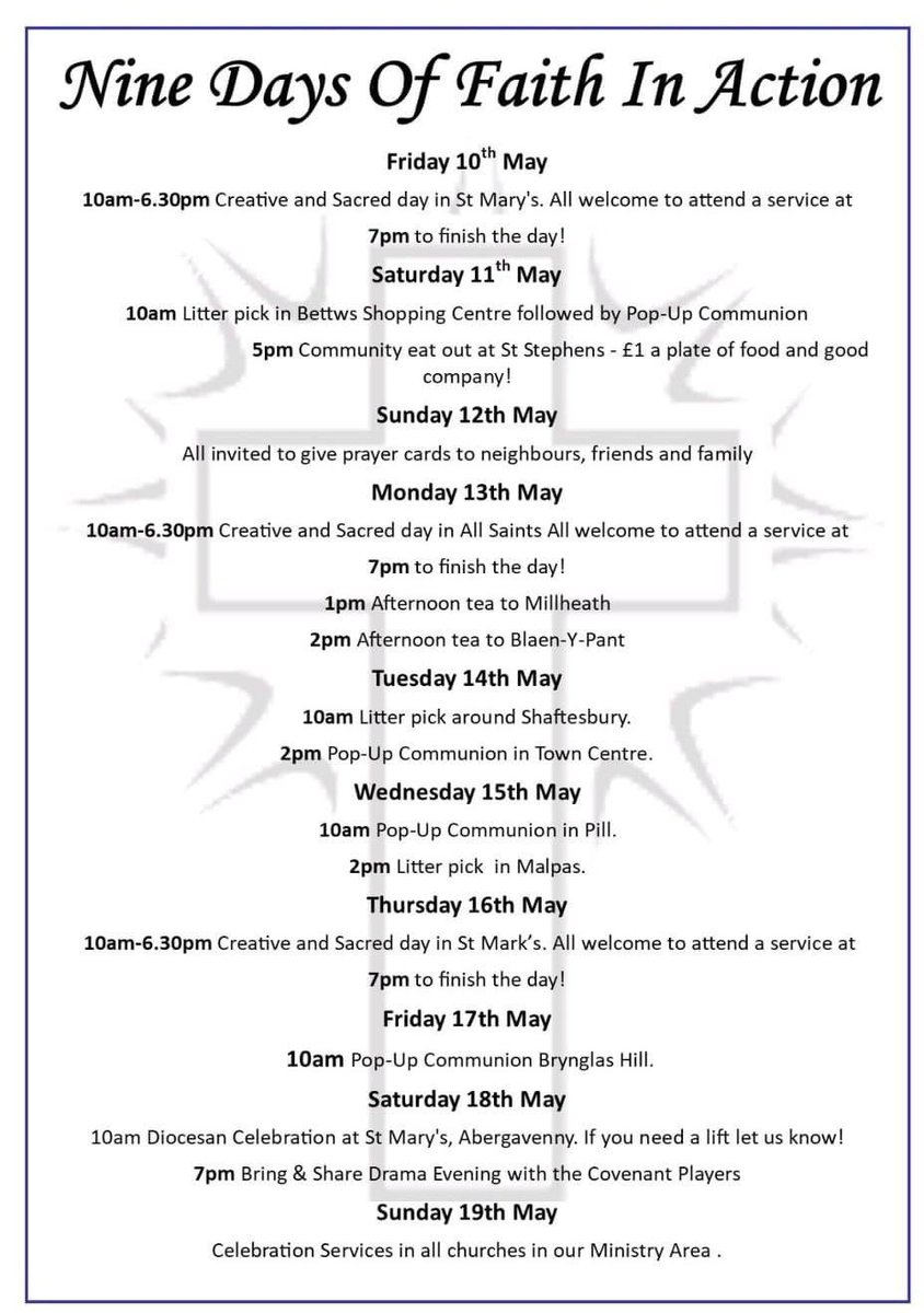 Lots of community based activities coming up for our nine days of faith in action. All are welcome to attend any of our events, come and join the fun! @MonmouthDCO @cherry_vann @VenStellaBailey @Community_NHS_ @MalpasCourt @CrindauPrimary @MalpasCWPrimary @Malpas_Park @MillbrookP