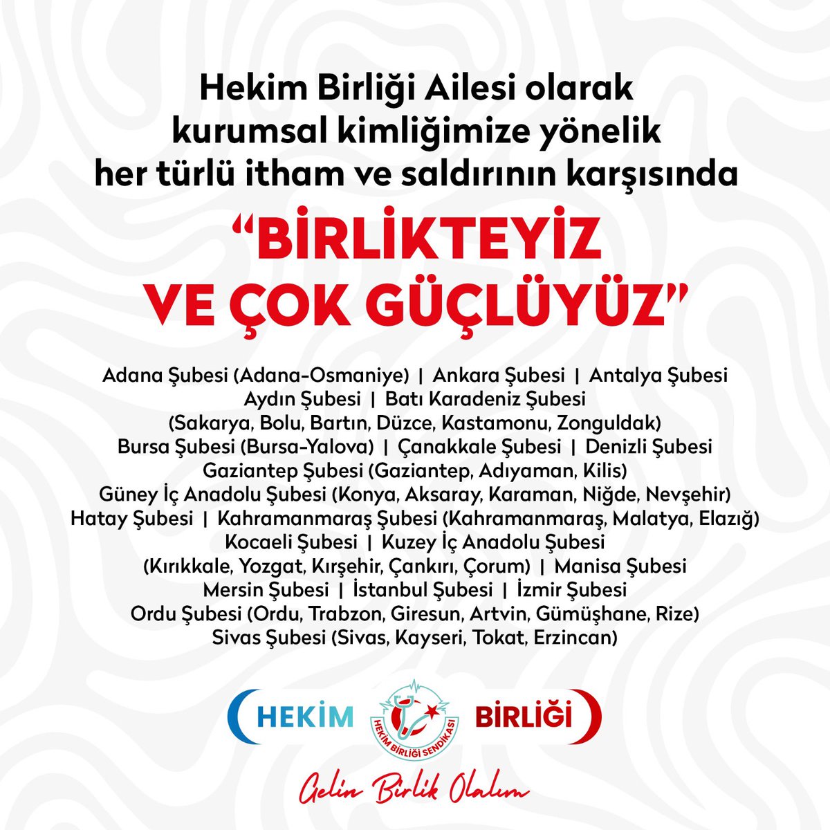 Hekim Birliği Ailesi olarak,

Atatürk önderliğinde kurulan Türkiye Cumhuriyeti Devleti'nin bölünmez bütünlüğünün korunması; egemenliğinin ve bağımsızlığının yaşatılması; anayasa ile hüküm altına alınan demokratik, laik ve sosyal hukuk devleti ilkelerine dayalı, siyasi