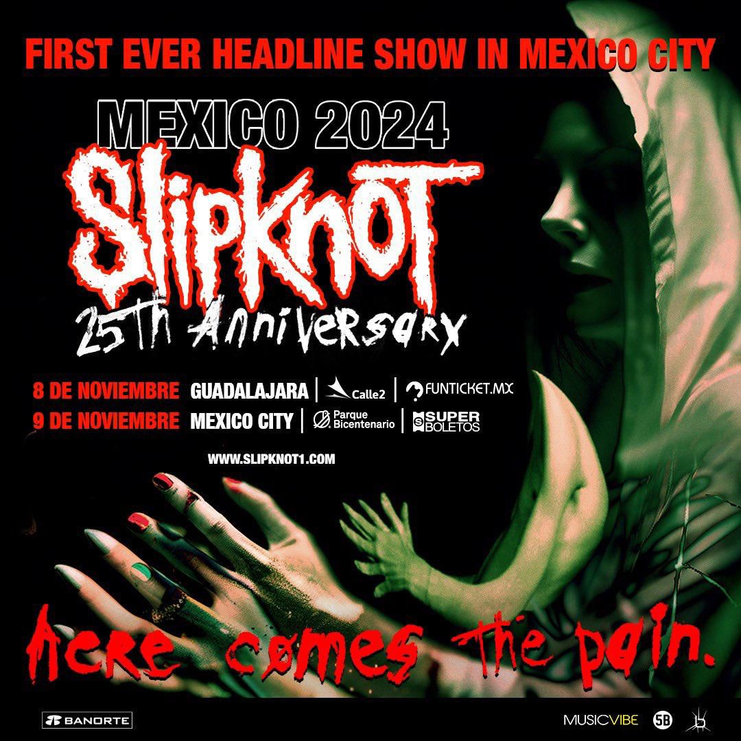 ¡ @slipknot anuncia 2 fechas en México para celebrar su 25 aniversario!🔥 👁️Venta Maggots 2/mayo 10 AM 👁️Preventa Banorte 2/mayo 11 AM 👁️Venta General 6/mayo 11 AM 🎟️Para venta Maggots registro en bit.ly/registromaggots @Musicvibe_mx