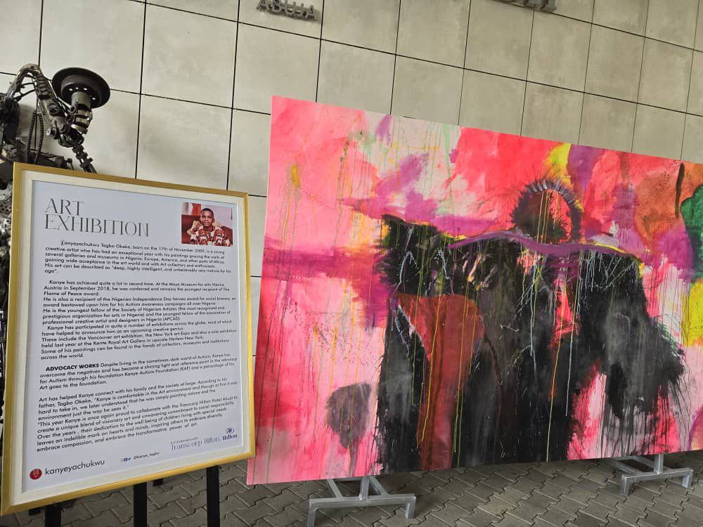 abeegunde1's tweet photo. For his exceptional talent, 
The Minister of Art, Culture &amp; Creative, (@FMACCE_Nigeria ) Barrister Hannatu Musa Musawa (@hanneymusawa ) yesterday attended an art exhibition dedicated to recognizing Kanyeyachukwu Togbo Okeke, a young artist with autism at Transcorp Hilton, Abuja https://t.co/CP98OqUs6o
