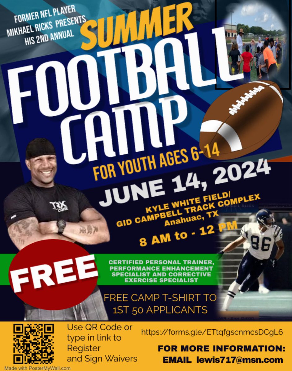 Parents, Coaches kids from 6-14 years of age. SETX legend and former @nfl player @MRSPFitness from @AnahuacPanther is hosting a youth camp on June 14, 2024. Register today!