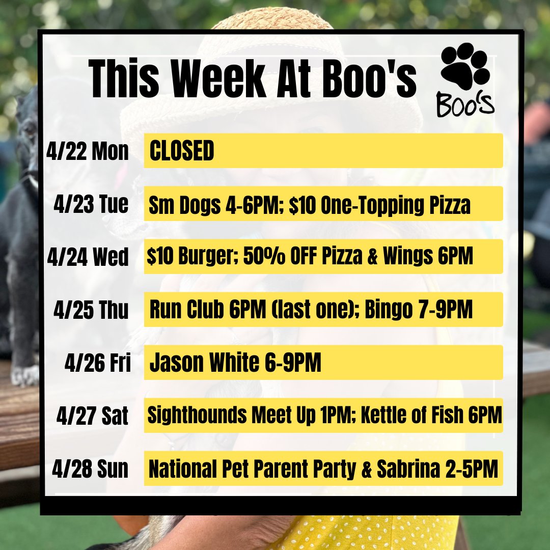 Boo's calendar for the week of April 15th:

#boosdogbar
#sarasota #dogpark #thingstodosrq #dogbar #sarasotaeats #floridadogs #supportlivemusic #funinthe941  #sighthoundmeetup #halfoffpizza #nationalpetparentday