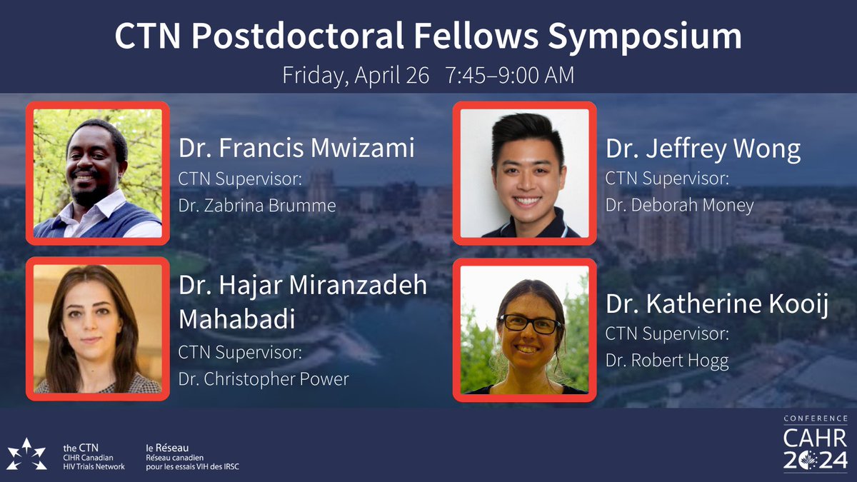 Attending @CAHR_ACRV this week? Learn about the research projects our postdocs are working on at the CTN Postdoctoral Fellows Symposium on Friday, April 26 at 7:45 AM. Start your day supporting the future of HIV research! #CAHR2024 #HIV #HIVresearch #postdocs