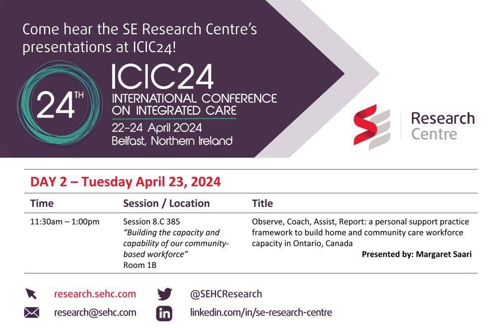 Today is Day 2 of #ICIC24 @IFICInfo @BelfastICC! Session 8.C 11:30AM-1:00PM at Room 1B @SEHCResearch Clinical Scientist @trifectaRN will speak on the OCAR #Framework to build home and community care #workforce capacity in #Canada 🇨🇦 🔗research.sehc.com/SEHCResearch/m… @SEHealth_SEHC