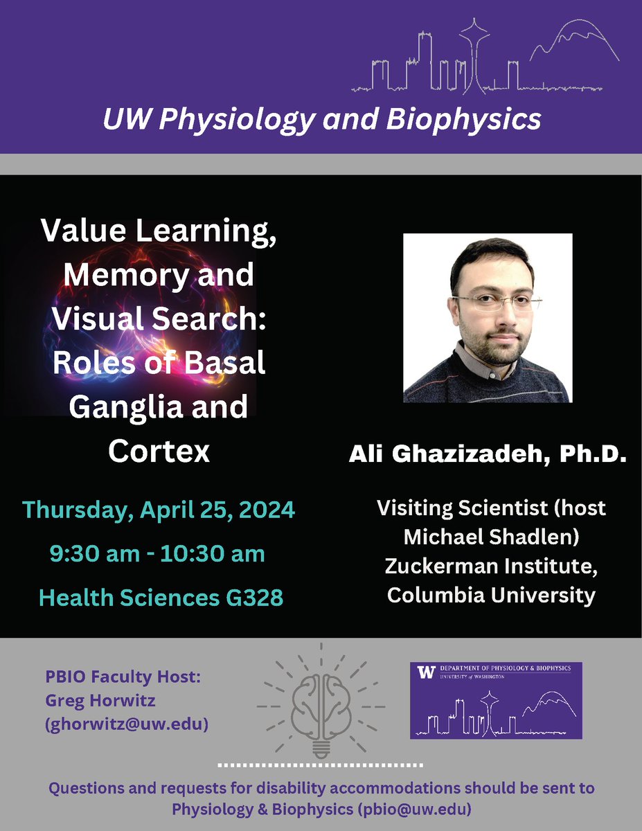 Excited to be hosting a talk by @AliGhazizadeh11 this Thursday! Dr. Ghazizadeh is visiting us from @shadlen and @ZuckermanBrain. 👇