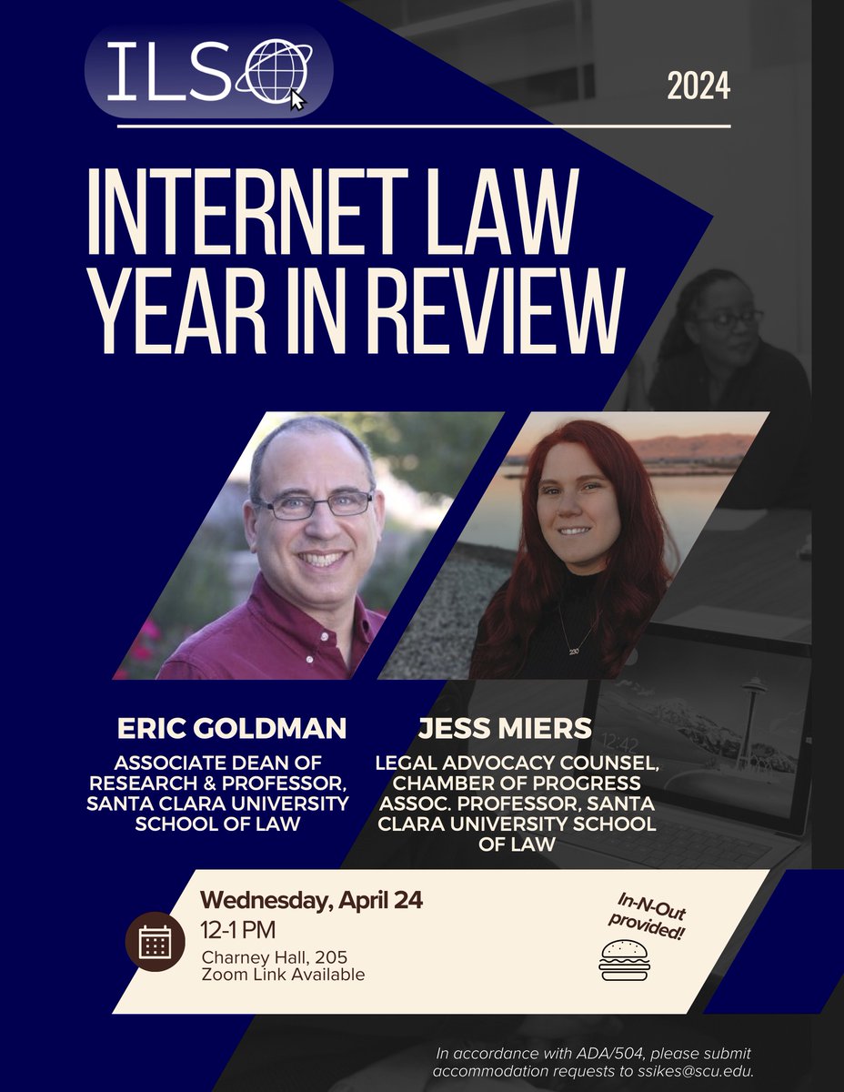 2 days until ILSO's annual Internet Law Year in Review! Come on Wednesday, 4/24 at 12pm in Charney 205 in-person or on Zoom!🌟 Professors Eric Goldman and Jess Miers will be discussing all of the exciting developments in Internet Law 🌐 #SCUHTLI #SCULaw #SCUILSO #InternetLaw