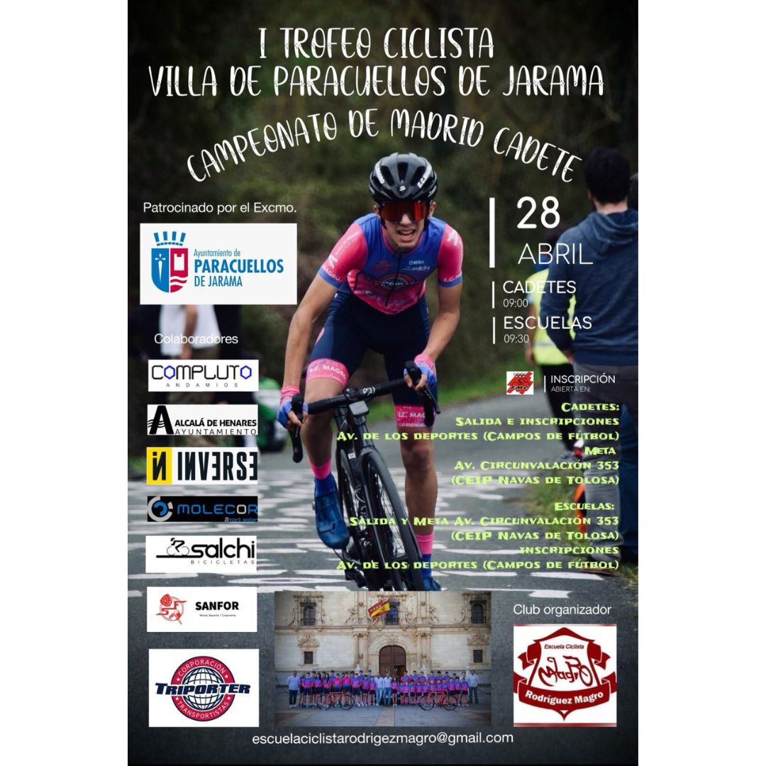 FMCICLISMO's tweet photo. #Carretera #Escuelas | El 1º Trofeo Escuelas Villa de Paracuellos del Jarama será Campeonato de Madrid para los Cadetes

📅 28 de abril
📍Paracuellos de Jarama
✅Inscripciones Cadete 🔗 https://t.co/Laq2CZ3RzZ
✅Inscripciones Escuelas 🔗 https://t.co/WH1UWtOItj https://t.co/GsJphp3zOF