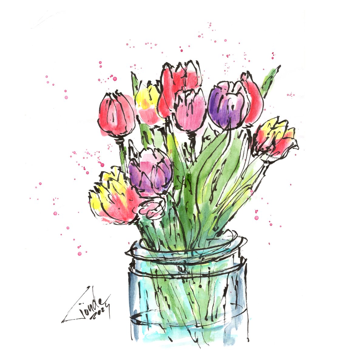 Spent a few minutes to sketch my bouquet of tulips. Love to sketch freely and quick, it keeps the lines more organic. For the wash I tested some water soluble pencils.

#tulips #flowers #nature #tundeart #artist #inksketch #colouredpencils #drawing #fudepen