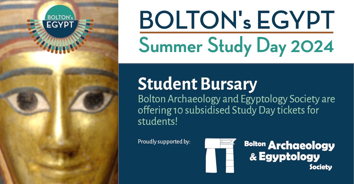 Are you a student? Want to attend the #BoltonsEgypt Study Day? @BoltonAES are subsidising 10 Full Day tickets! On a 1st-come-1st-serve basis, by emailing secretary@boltonaes.co.uk before booking your ticket through the museum shop. For more info: boltonlams.co.uk/downloads/file…
