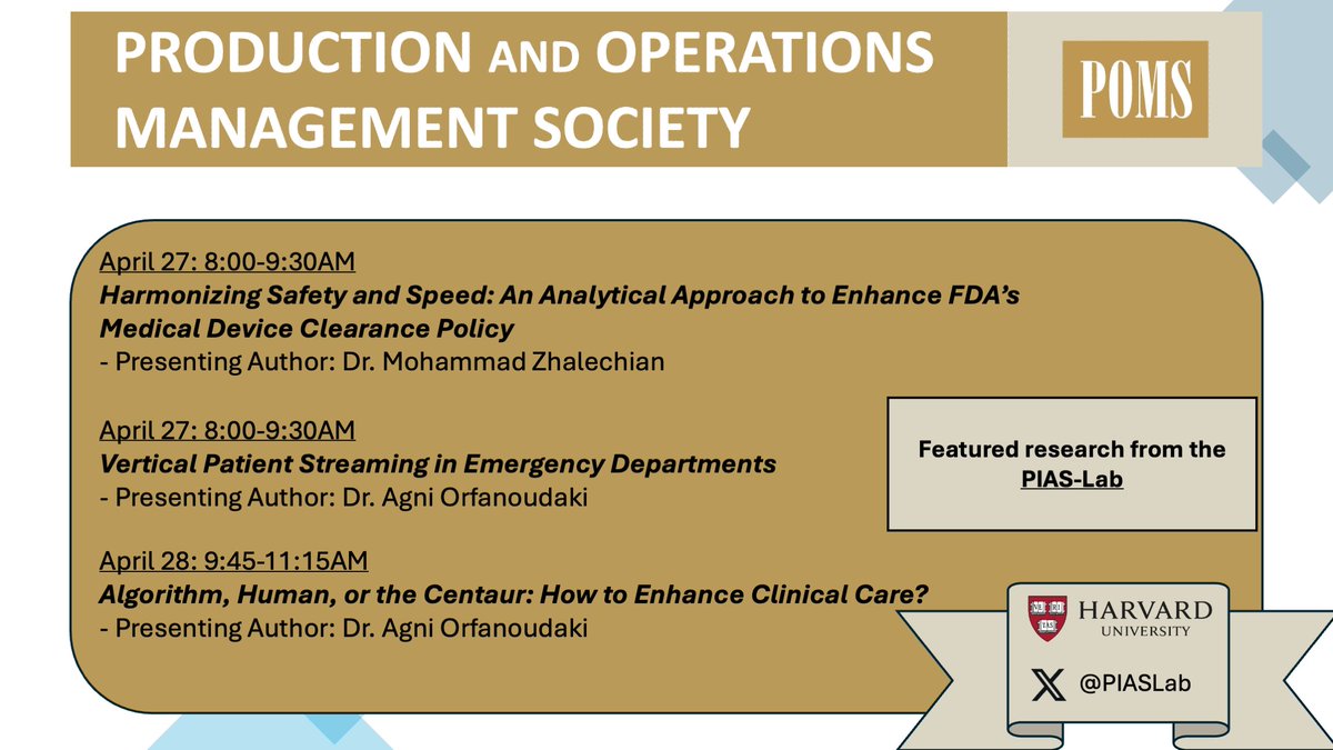 The Public Impact Analytics Science Lab presentations at @POM_Society 2024! We are looking forward to seeing you at these great talks by @Mohammad_Zhale and @AgniOrfanoudaki -- featuring joint research with @Soroush_Saghaf and the @PIASLab #POMS2024 #ORMS