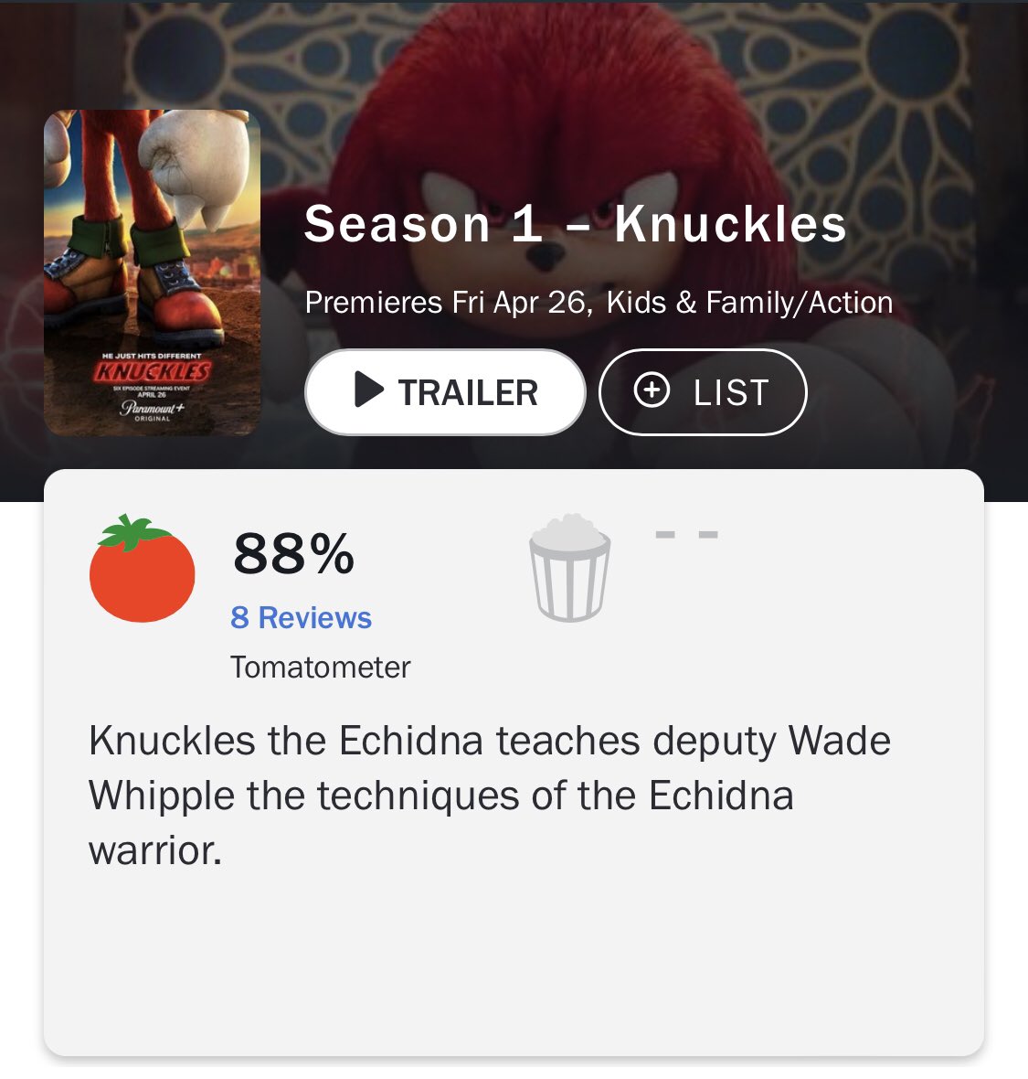 Updates: #Knuckles has now 88% score on rotten tomatoes 🍅👀🥊🔥
#SonicNews