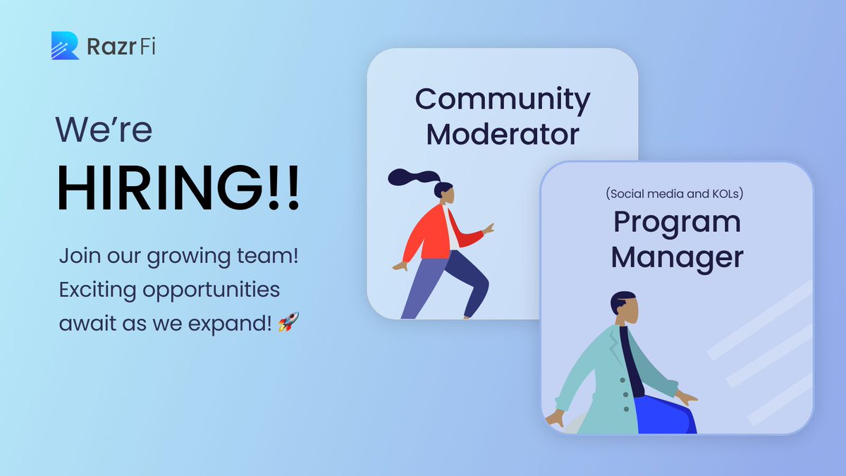 🚀 Join the RazrFi team! 

We're hiring for two exciting roles: 

1. Program Manager (Social media & KOLs)
2. Community Moderator

Passionate about fostering engaging communities or driving impactful programs? 

Apply NOW
forms.gle/7BHwCj5TcN3yzr…

#RazrFi #HiringNow